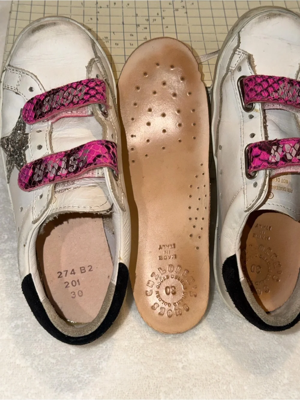 Golden Goose Kids White Sneakers with Pink Snake-Print Straps and Silver Star